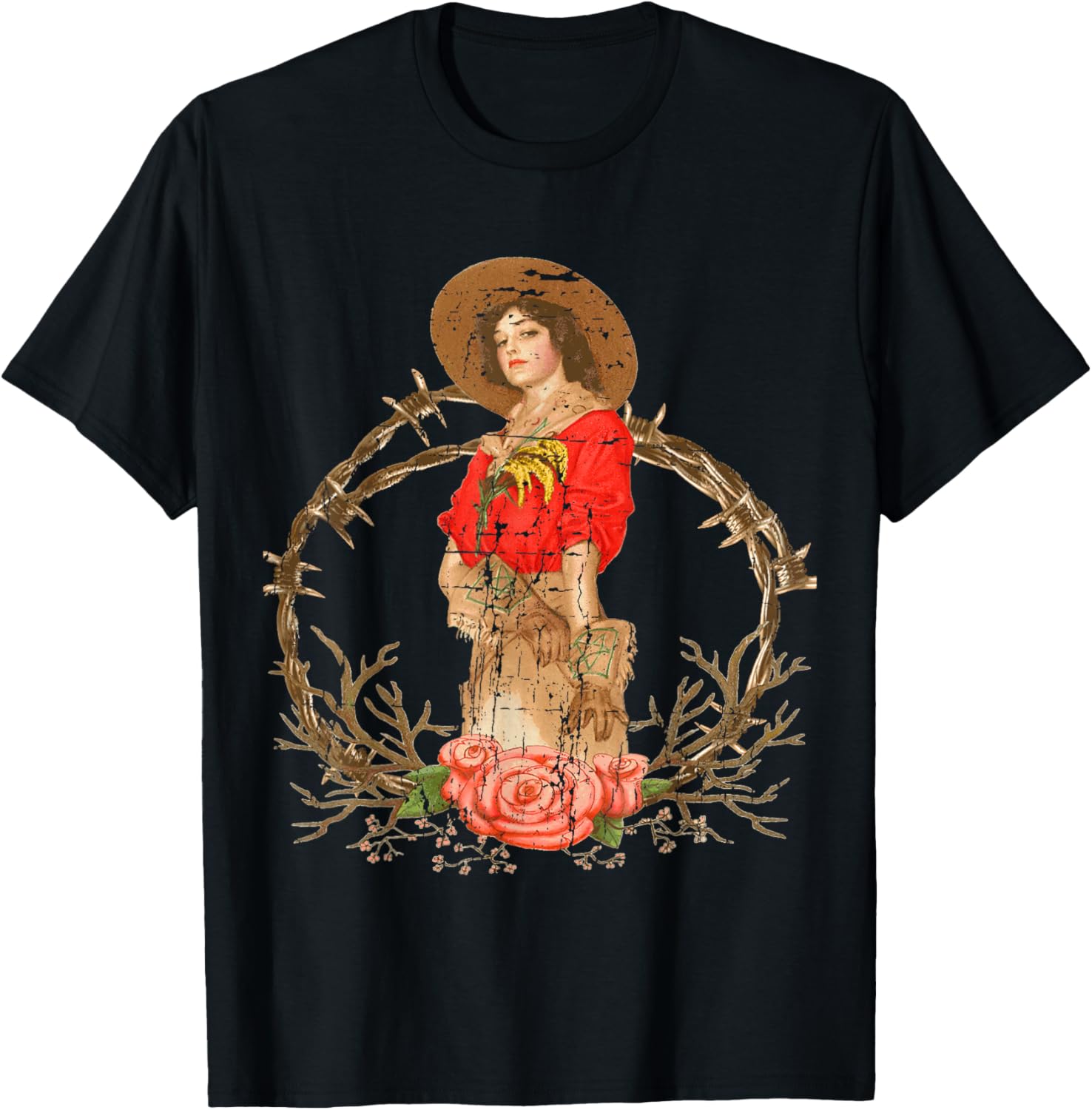 Cowgirl Distressed T Shirt Barbwire Roses Guns Horses