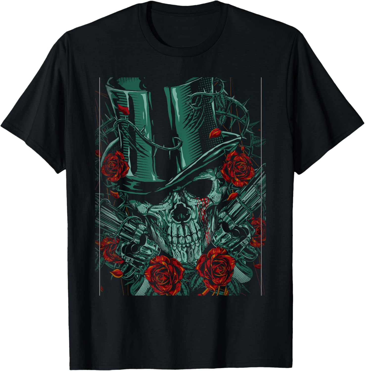 Skeleton Skull Red Rose Guns Top Hat