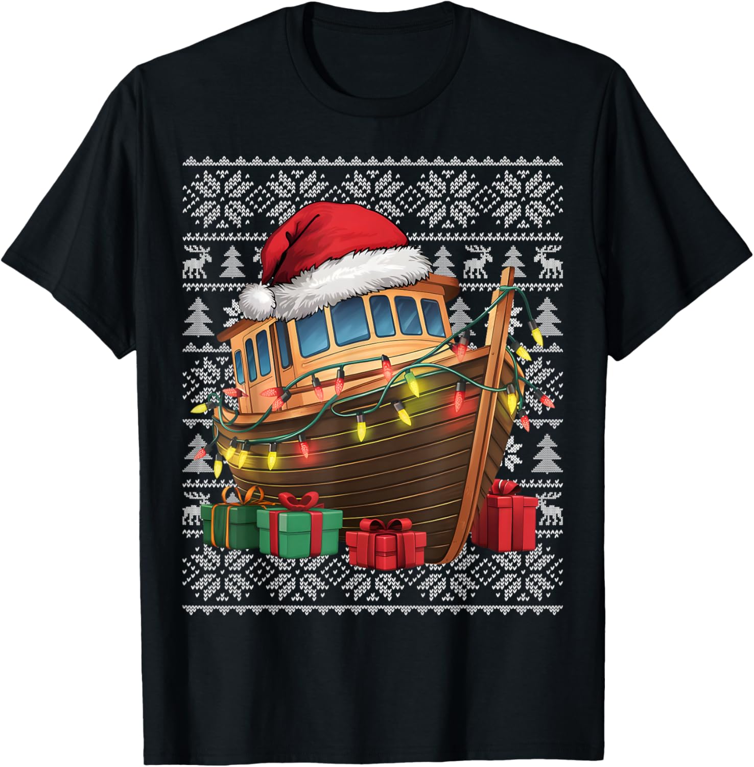 Xmas Sweater Style Ugly Santa Hat Boat Christmas