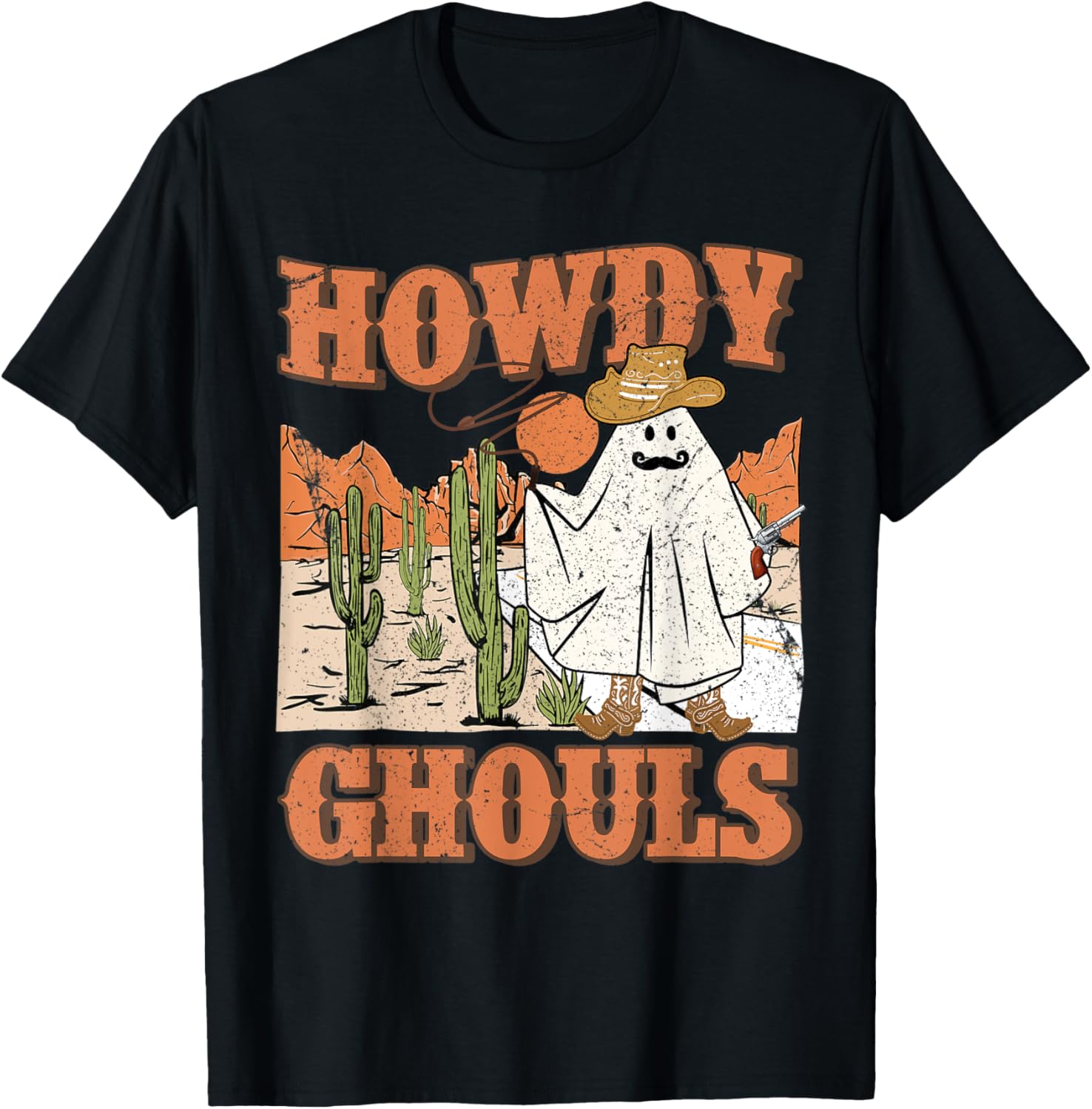 Retro Howdy Ghouls Halloween Ghost Cowboy With Gun Western