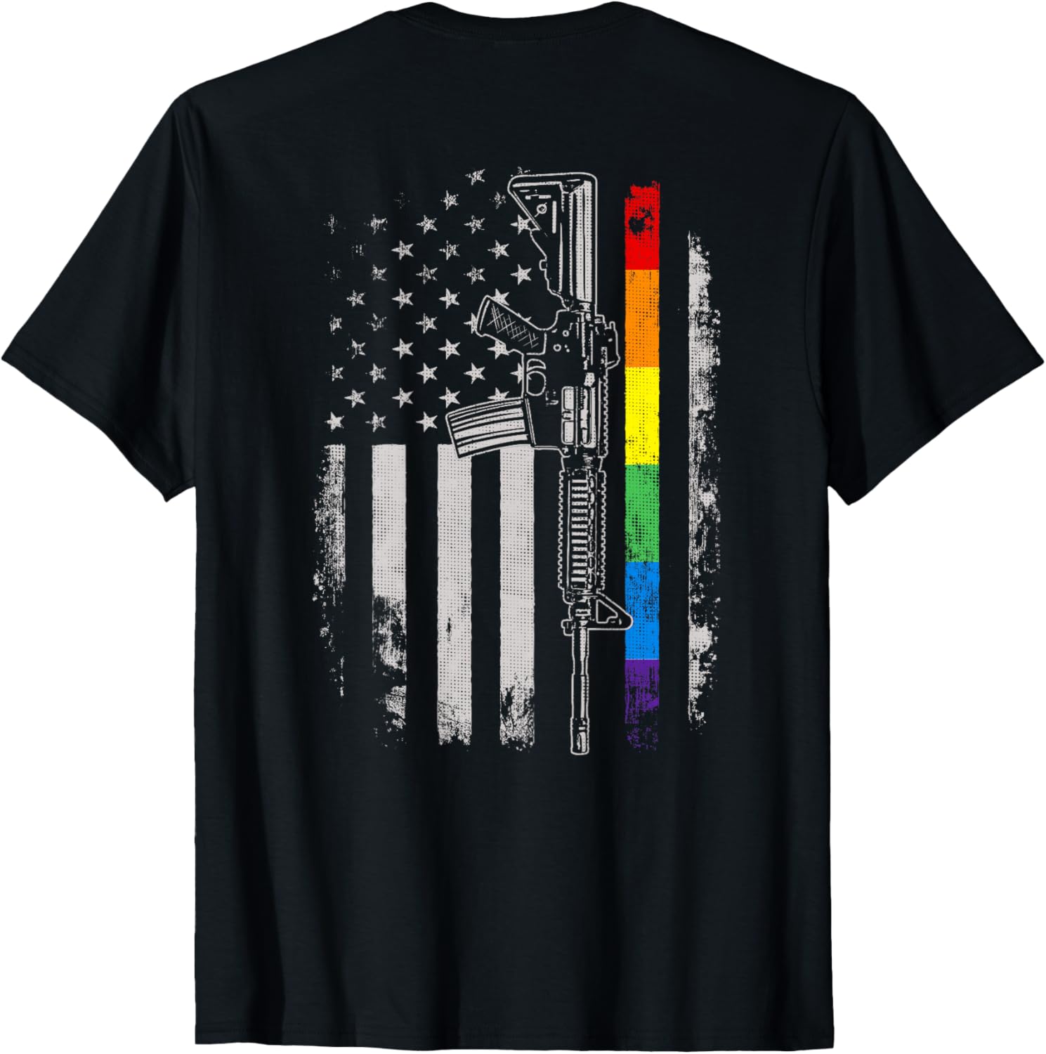 Thin Rainbow Line Gun American Flag Lgbt Gay Pride On Back T