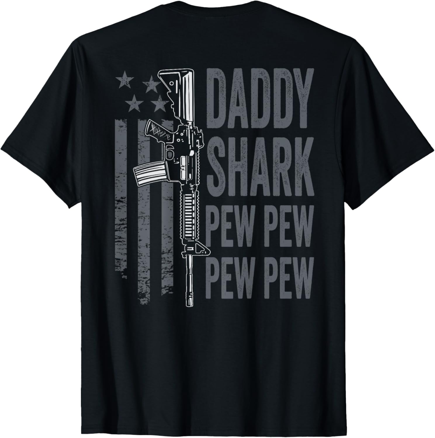 Daddy Shark Pew Mens Guns Joke Funny Dad Gun On Back