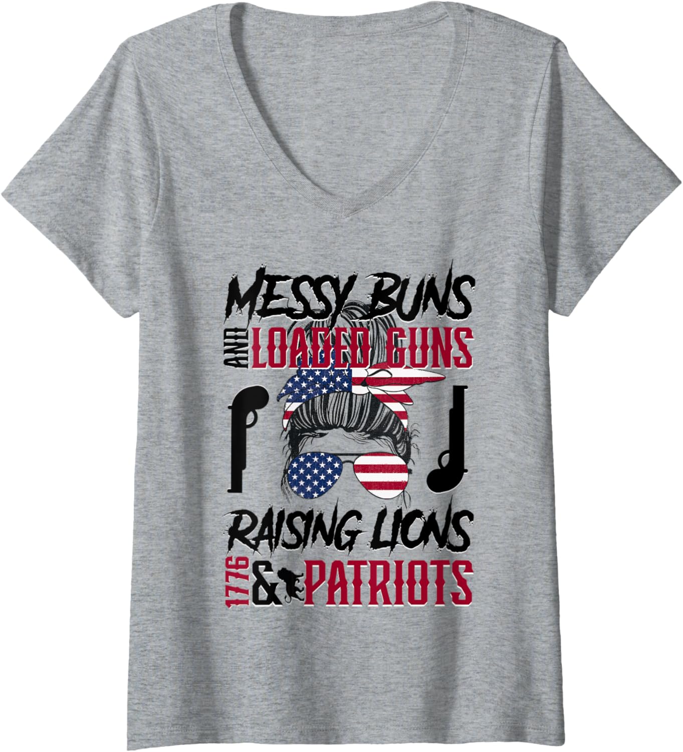Womens Messy Buns Loaded Guns Raising Lions Patriots V Neck
