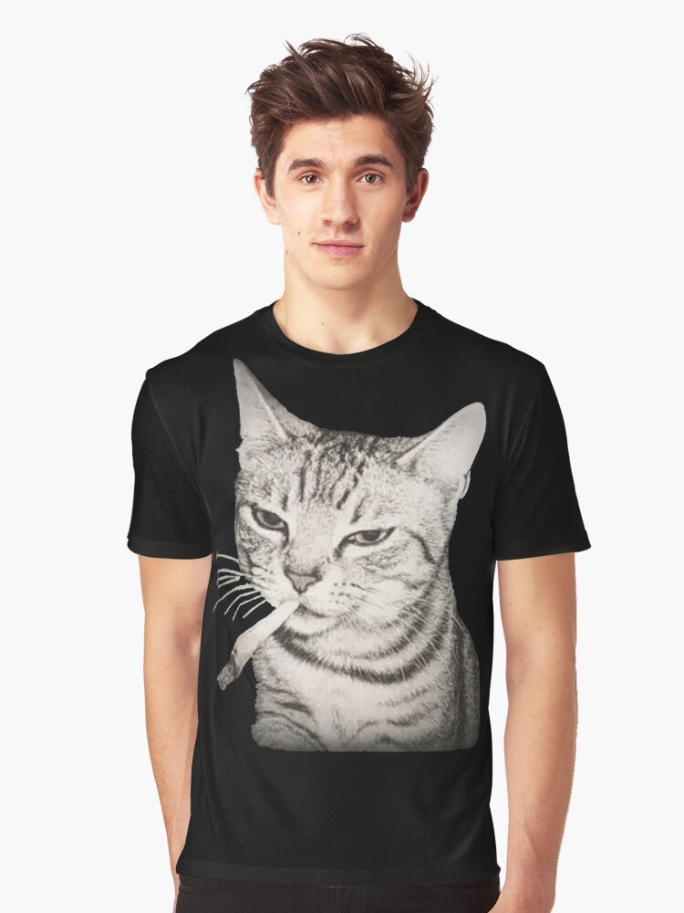 Cool Cat Smoking Cigarette Black And White Bad Cat Vintage Style Graphic T-Shirt | Graphic T-Shirt for Unisex