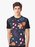 Gingerbread Christmas and Candy Canes- Christmas Pattern Midnight Blue Graphic T-Shirt | Premium Unisex T-Shirt, Trending Graphic Tee