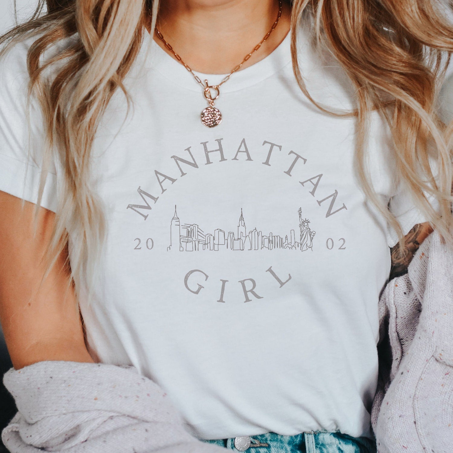 Personalized Manhattan Girl Birthday Minimalist T-shirt, NYC Hometown New York Pride Custom Birth Year Gift for Her