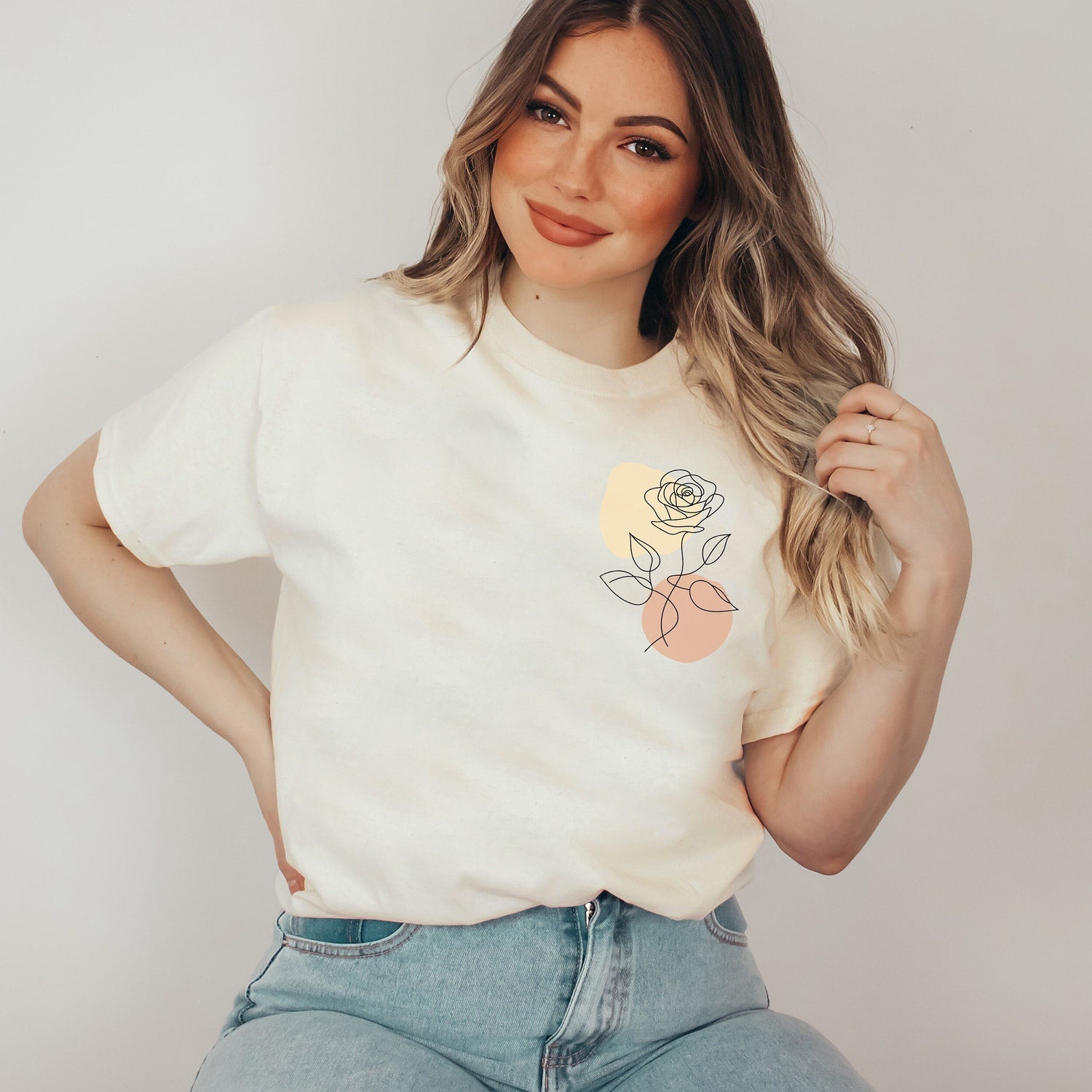 Pastel rose t-shirt, boho shirt, simple minimalist one line drawing shirt, stylish t-shirt, wildflower shirt, minimalist rose shirt