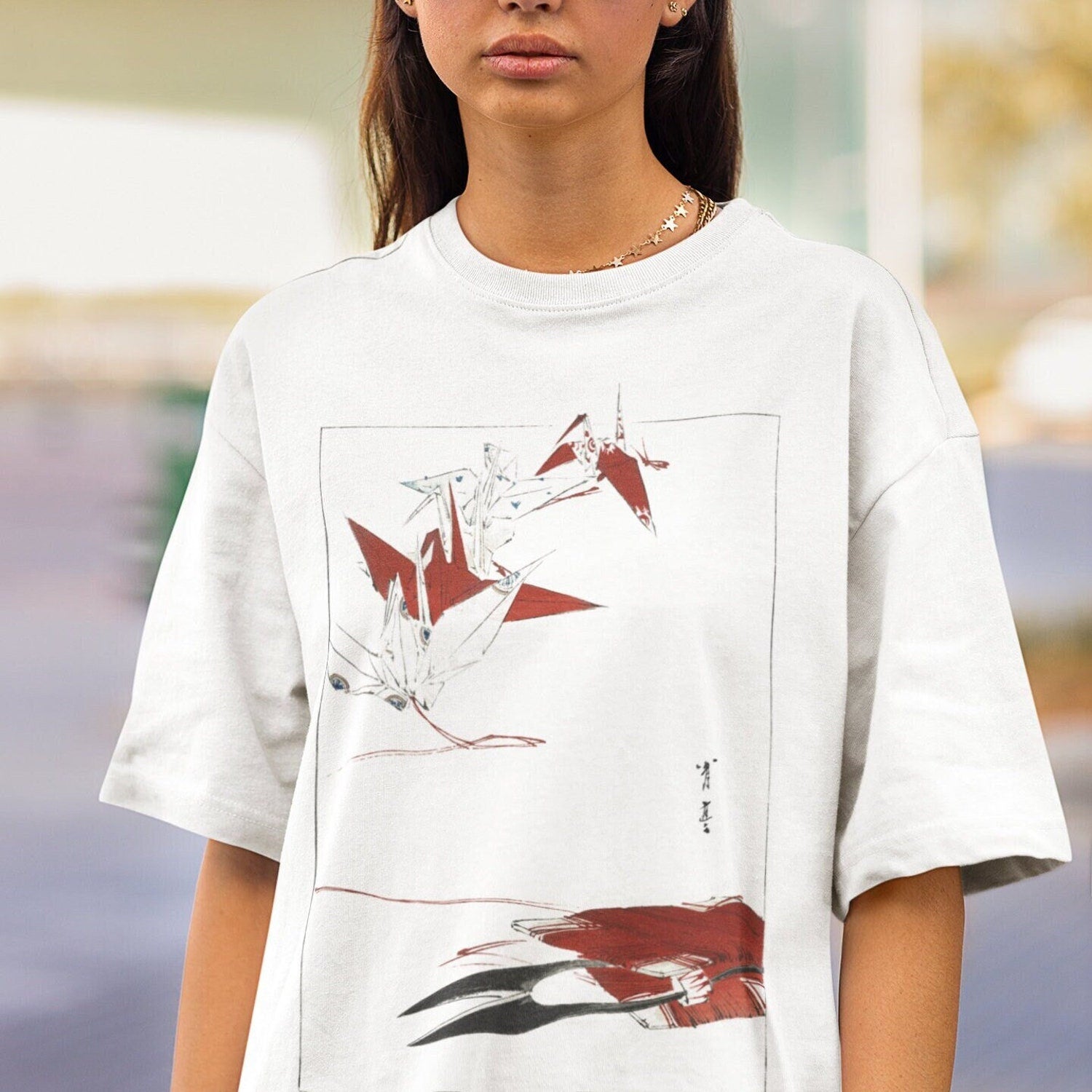 OVERSIZED T-Shirt Japanese Origami Minimalist T Shirt, Unisex Dropshoulder Tee, Asian Streetwear, Ukiyo Graphic TShirt, Woodblock Art Tee