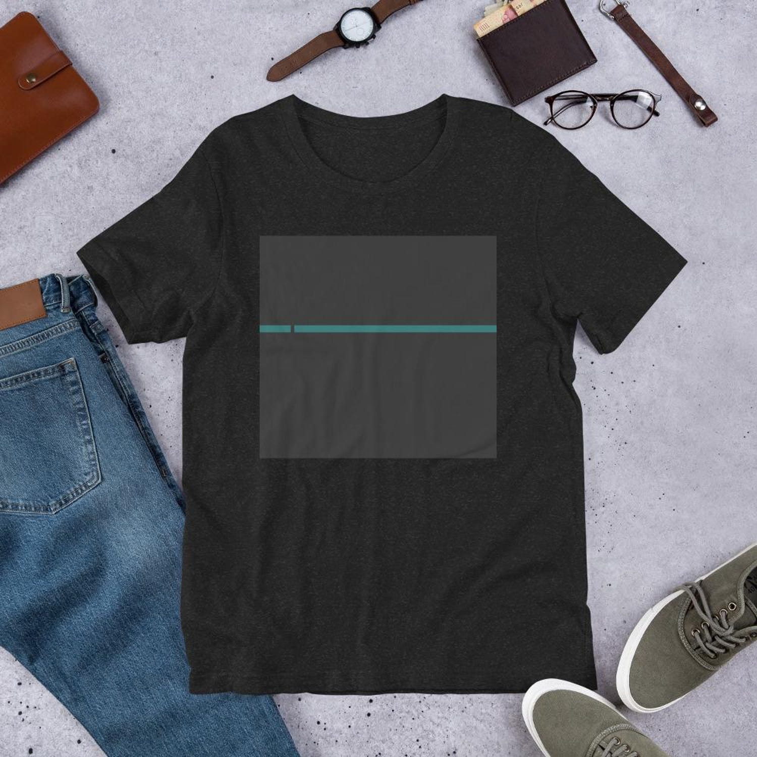Minimalist Green Line on Black Square T-Shirt, Simple Graphic Tee, Unisex Gift for Men Women, Modern Design Shirt