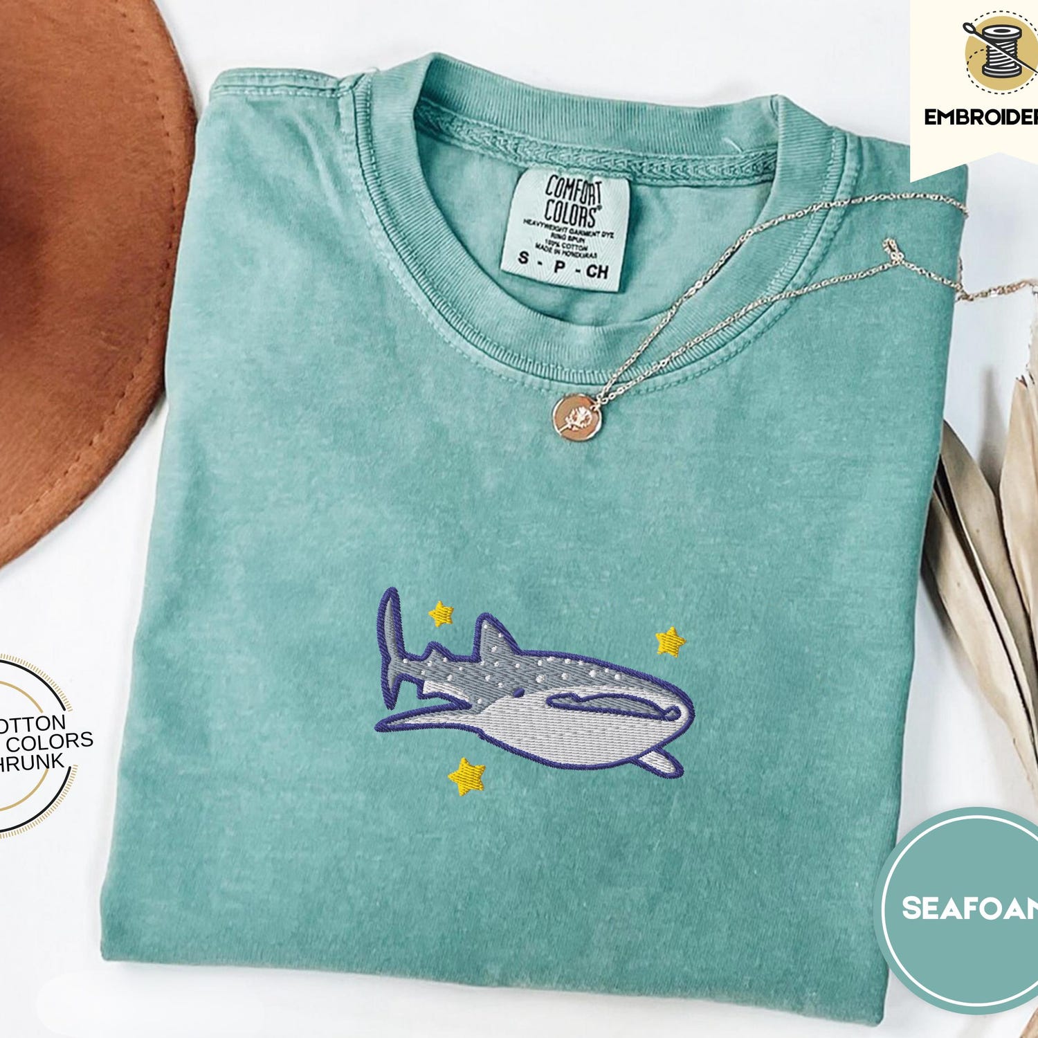 Whale Shark Embroidered Comfort Colors Tee, Animal Shirt, Cute Summer Beach T-Shirt, Ocean Lover Cute Tee, Embroidered Shirt, Sea