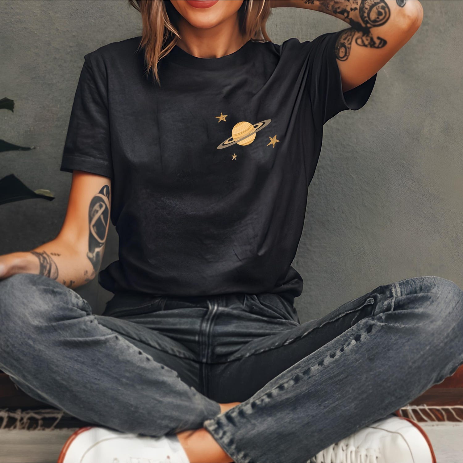 Saturn Planet Shirt, Minimalist Planet Pocket Tee, Tiny Saturn And Stars Pocket Style T-Shirt, Space Lover Astronomy Shirt, Cosmic Planet