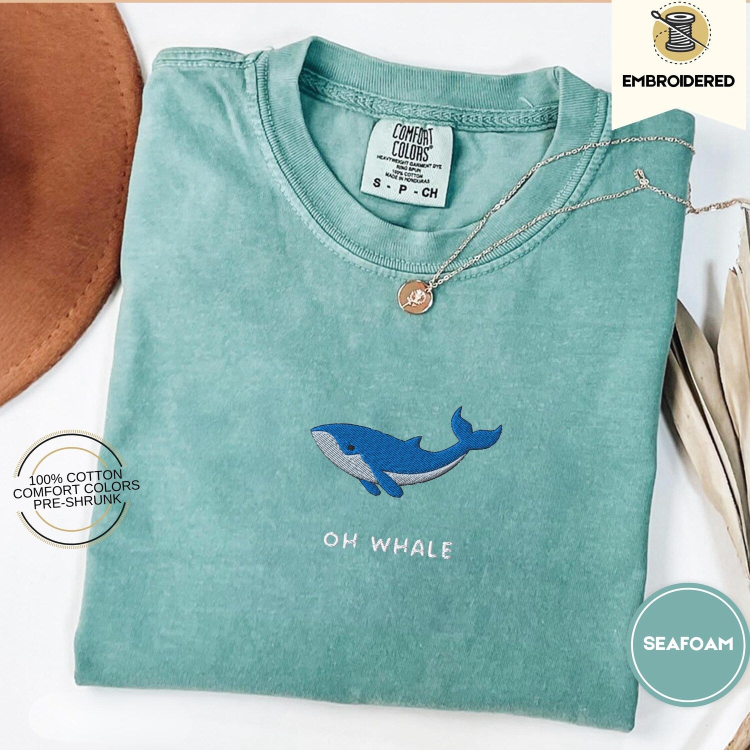 Oh Whale Embroidered Tee, Cute Funny Comfort Colors Summer Shirt for Beach Days Ocean Lovers