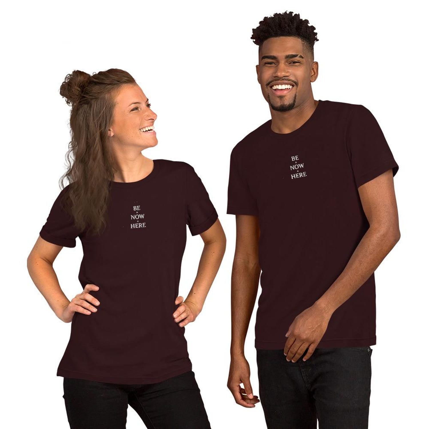 Embroidered 'Be Now Here' T-Shirt: Minimalist Unisex Cotton Tee