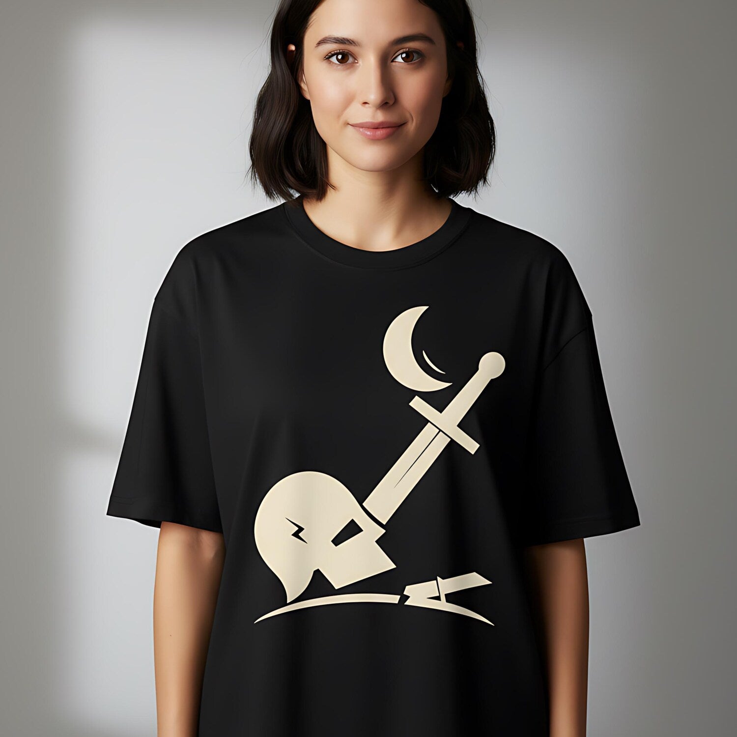 Minimalist Fallen Warrior Sword Top, Helmet Graphic Tee, Fantasy Battle Symbol Shirt