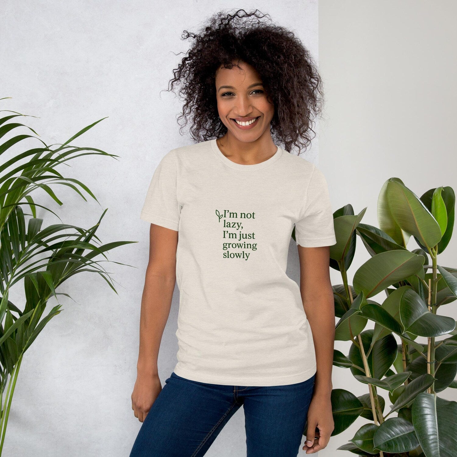 Minimalist Unisex Eco-Inspired T-Shirt “I’m Not Lazy, I’m Just Growing Slowly” | Leaf & Laugh Design