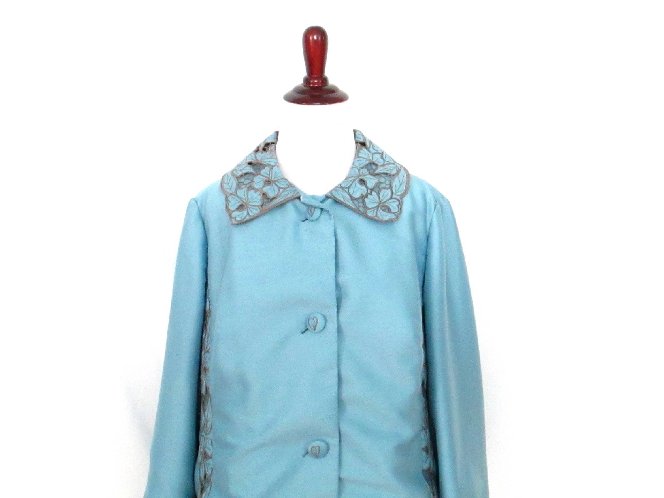 197039s Embroidered Blazer Vintage Hand Tailored Blazer Retro Floral Embroidered Blazer Pale Blue Blazer 197039s Custom Made Blazer Jacket Graphic Tee – Easygoing Wear · Perfect For Daily Wear