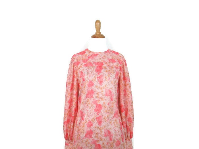 197039s Floral Shift Dress Vintage 7039s Watercolor Pink Flower Print Midi Length Day Dress Retro Long Sleeve Handmade Pastel Frock Graphic Tee – Easygoing Wear · Must-Have Style