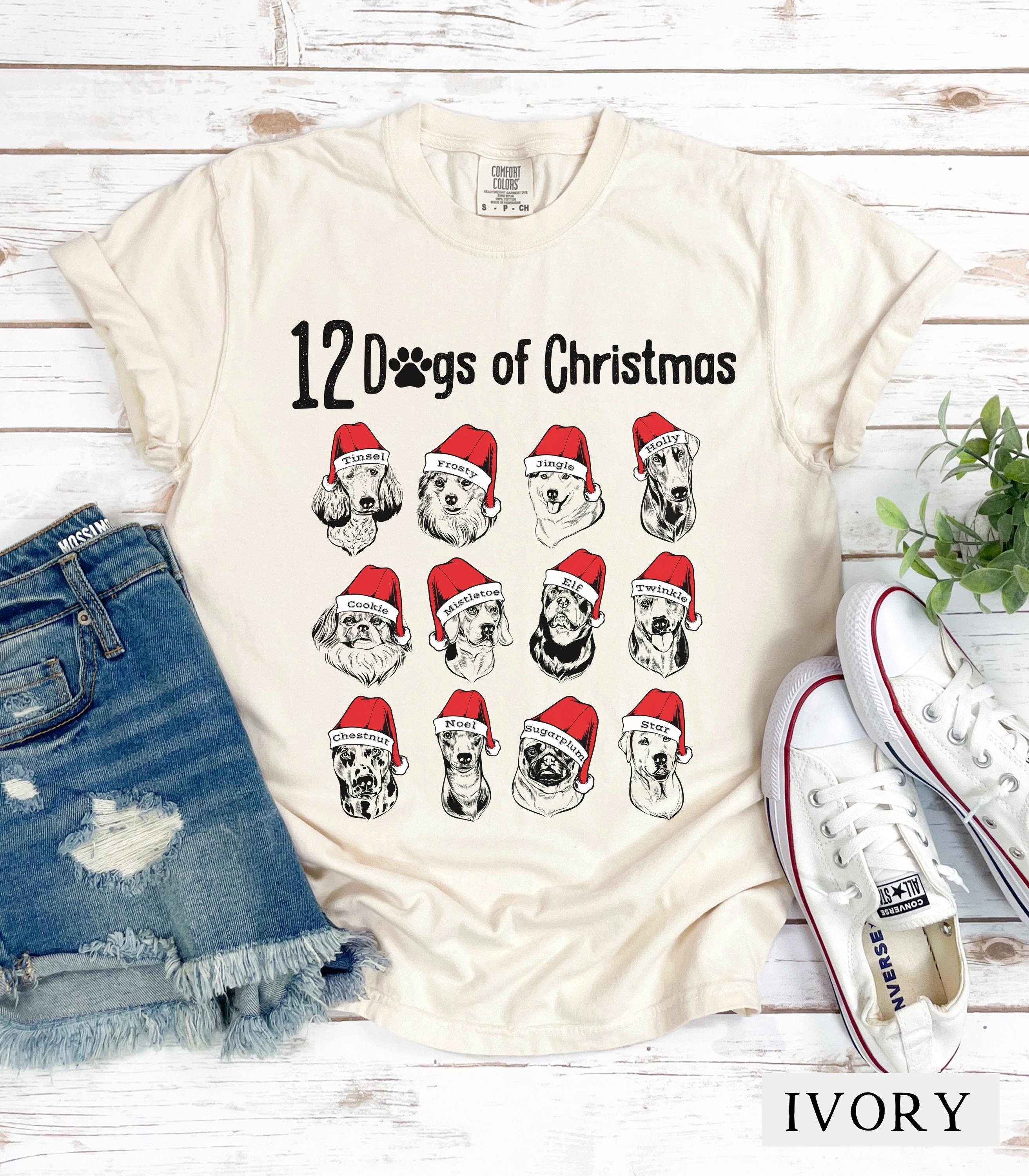 12 Dogs of Christmas Shirt Holiday Tee Cute Christmas Dog Lover Gift Festive Santa Hat Dog Graphic TShirt Festive Dogs Graphic Tee – Soft Feel · Great Gift For Fans