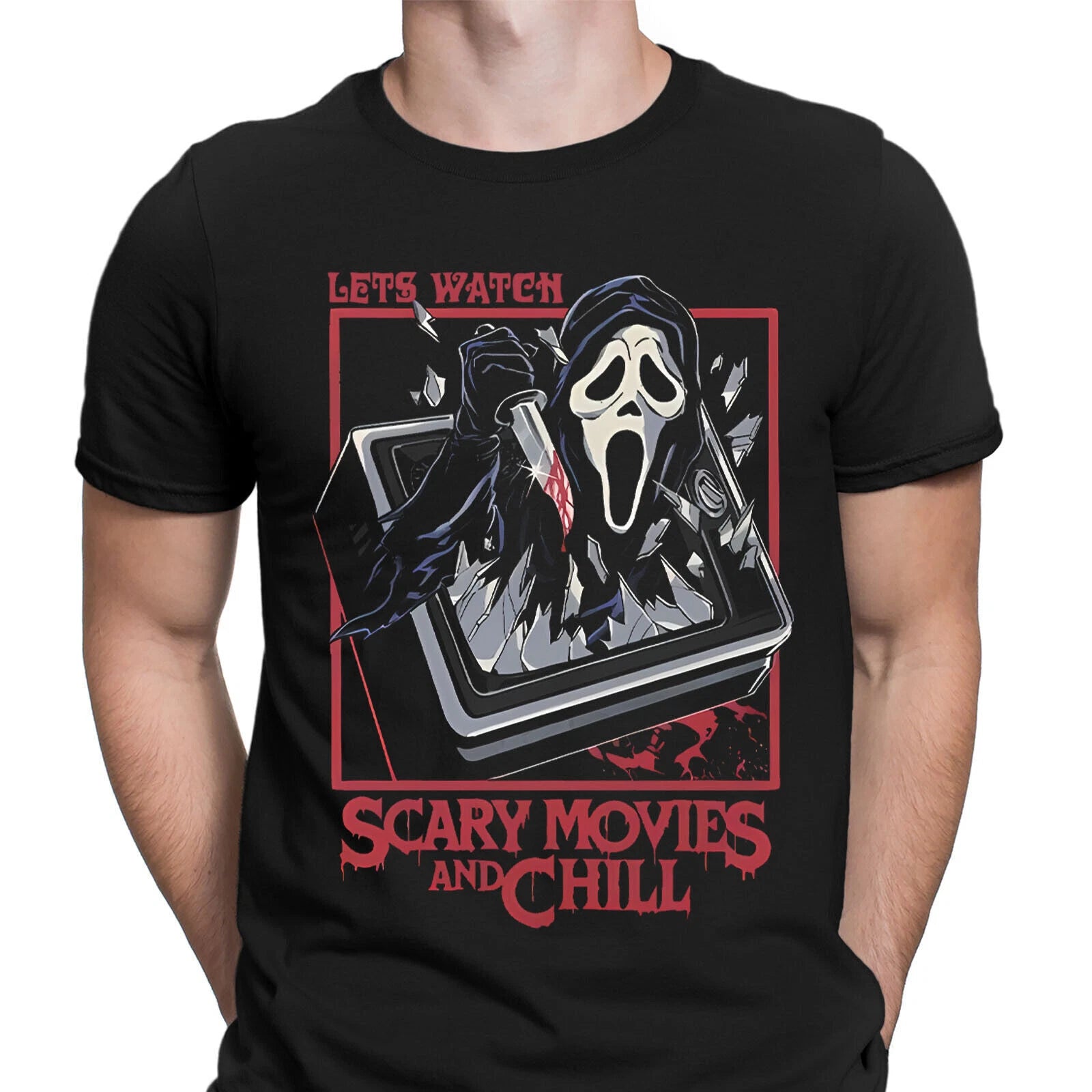 Lets Watch Scary Movies Halloween Scream Horror Spooky Creepy Mens T-shirts #gve