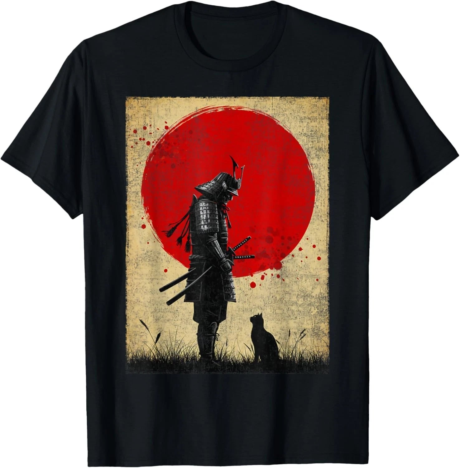 Japanese Art Samurai Warrior Black Cat Vintage Fighter Retro Unisex T-shirt