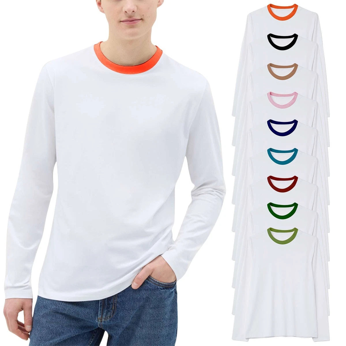 Mens Ringer T-shirt Plain Long Sleeve Round Crew Neck Flot Contrast Casual Tee