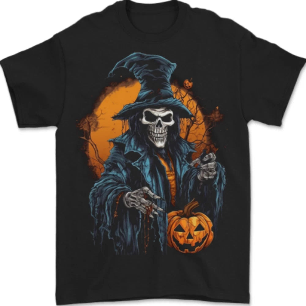 Halloween Wizard Witch With A Pumpkin Skull Mens T-shirt 100% Cotton