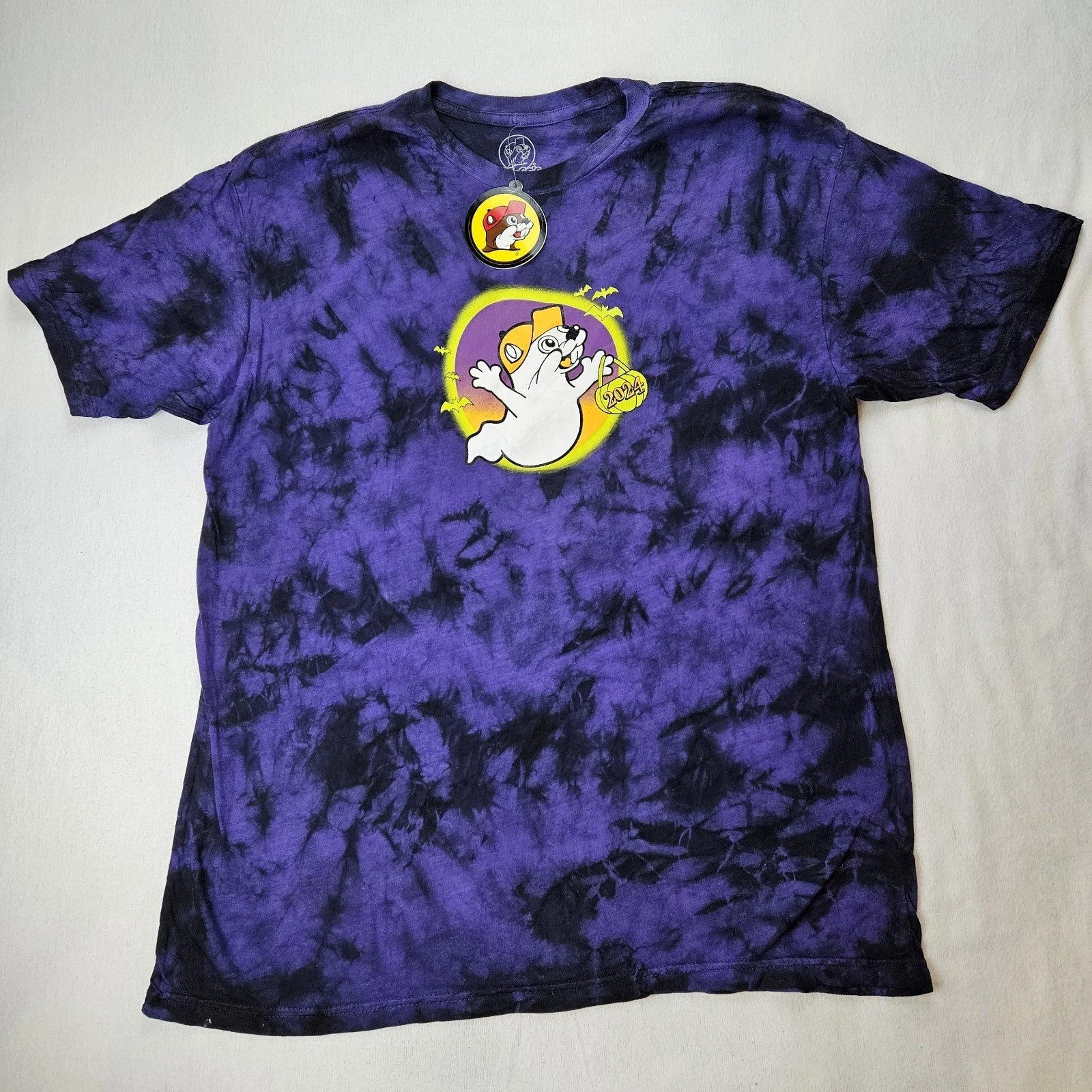 Nwt Buc-ees 2024 Halloween Lmtd Ed Glow In Dark Purple Tie-dye Shirt L "hey Boo"