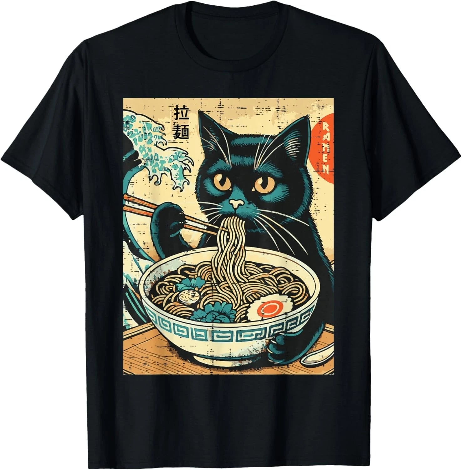 Japanese Cat Ramen Great Wave Vintage Art Food Men Women Kid Unisex T-shirt