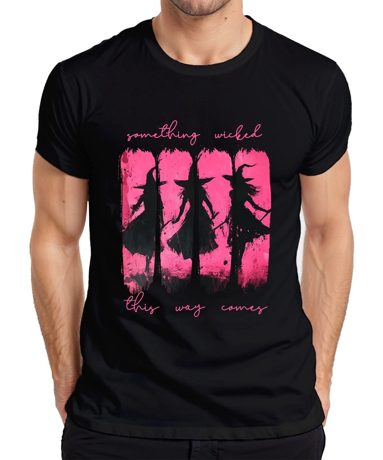 Something Wicked This Way Halloween Witch Pink Grunge Gothic T-Shirt