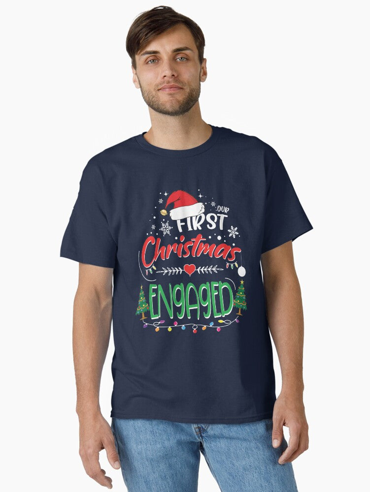 Our First Christmas Engaged Funny 1st Christmas Matching Couple Gift Ideas for Newlyweds Mr and Mrs Classic T-Shirt | Premium Unisex T-Shirt, Trending Graphic Tee