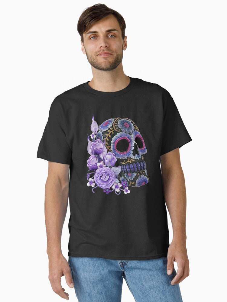 Purple Floral Black Sugar Skull Day Of The Dead Classic T-Shirt | Graphic T-Shirt for Unisex