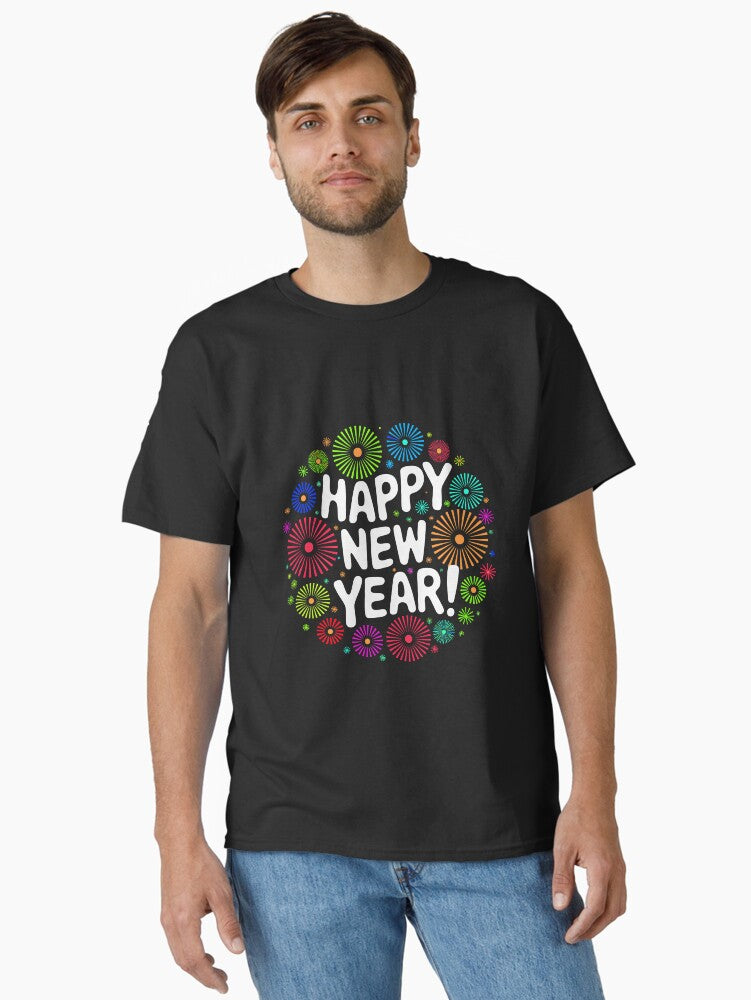 Happy New Year 2025 Festive Fireworks Celebration Holiday Colourful Classic T-Shirt | Premium Unisex T-Shirt, Trending Graphic Tee