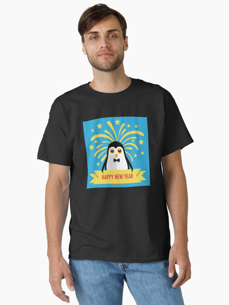 Happy New Year with Cute Penguin and Fireworks Classic T-Shirt | Premium Unisex T-Shirt, Trending Graphic Tee