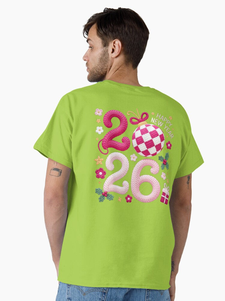 Pink Knit 2026 Happy New Year Classic T-Shirt Floral Ornament 2026 Celebration Shirt Classic T-Shirt | Premium Unisex T-Shirt, Trending Graphic Tee