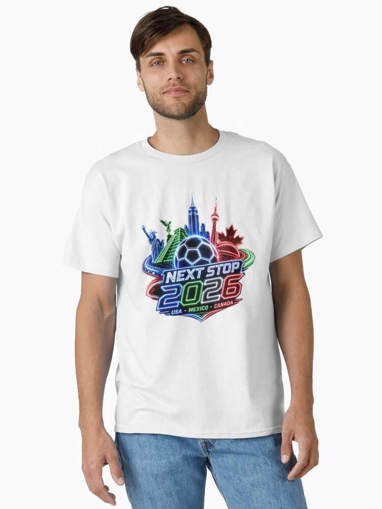Next Stop 2026 USA Mexico Canada Neon Soccer Emblem Classic T-Shirt