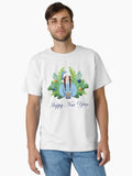 Happy New Year card festive brunette Woman with braids in blue Santa outfit offering a Gift surrounded by Christmas greenery and Holiday decorations Classic T-Shirt | Premium Unisex T-Shirt, Trending Graphic Tee