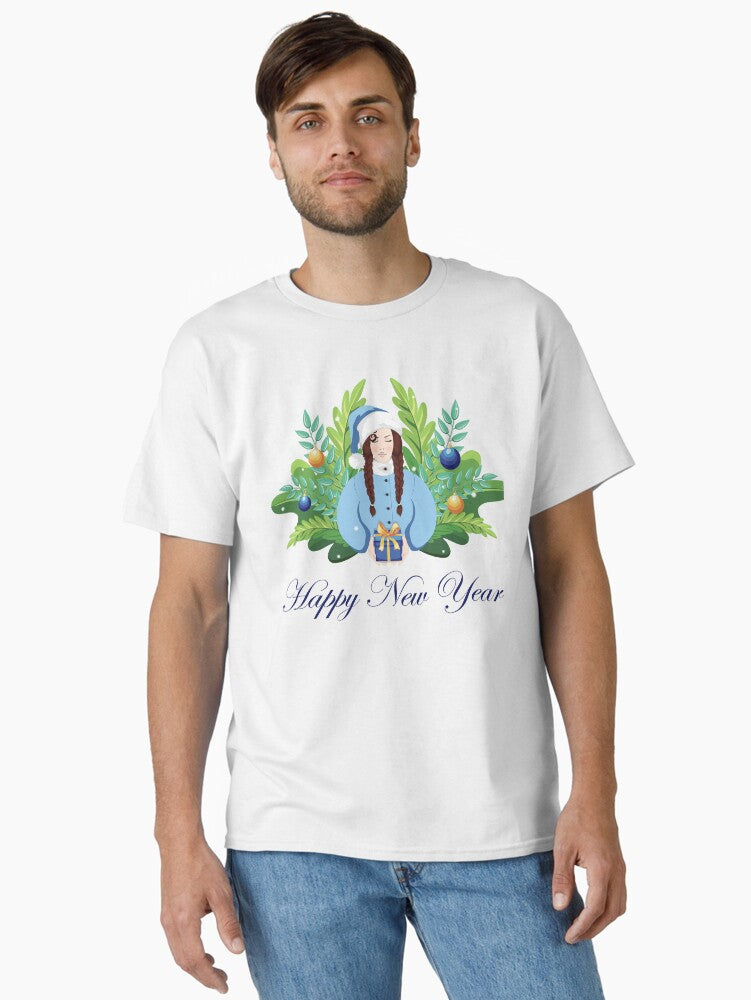 Happy New Year card festive brunette Woman with braids in blue Santa outfit offering a Gift surrounded by Christmas greenery and Holiday decorations Classic T-Shirt | Premium Unisex T-Shirt, Trending Graphic Tee