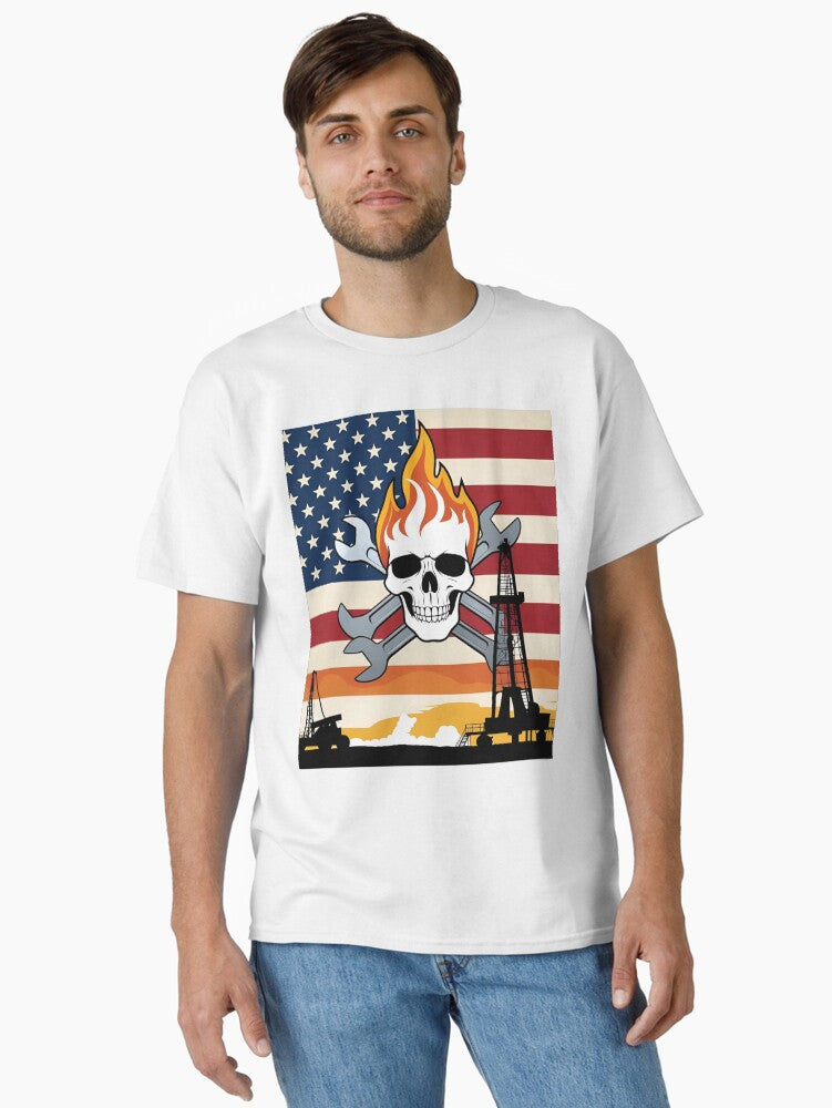 Oilfield Patriot Skull – Flame & Flag Roughneck Design