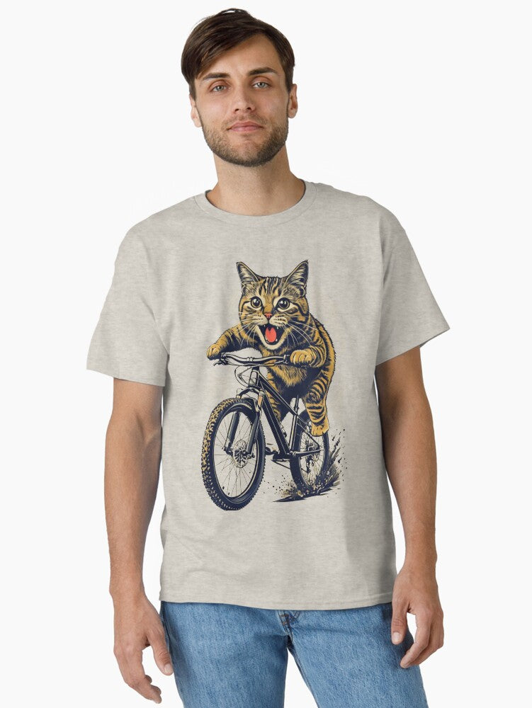 Cat Riding a Bicycle Men's T-Shirt Fun Kitten Wheelie Graphic Eco-Friendly Fashion Classic T-Shirt | Graphic T-Shirt for Unisex