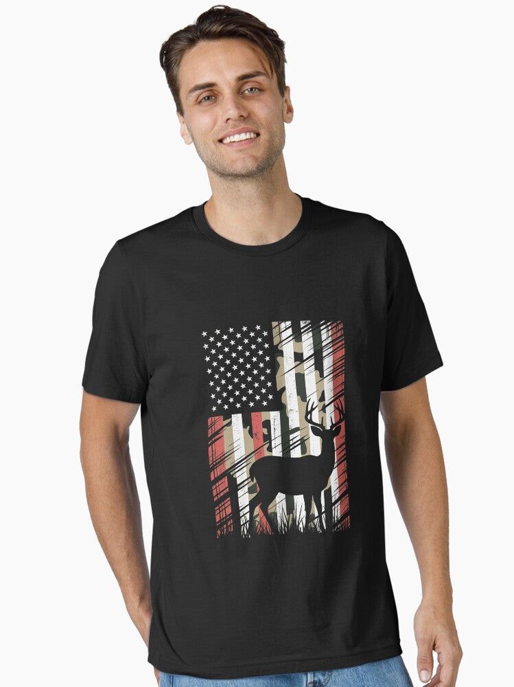 Camo US Flag Deer Elk Buck Camoflage Hunting Hunter Dad Gift T-Shirt
