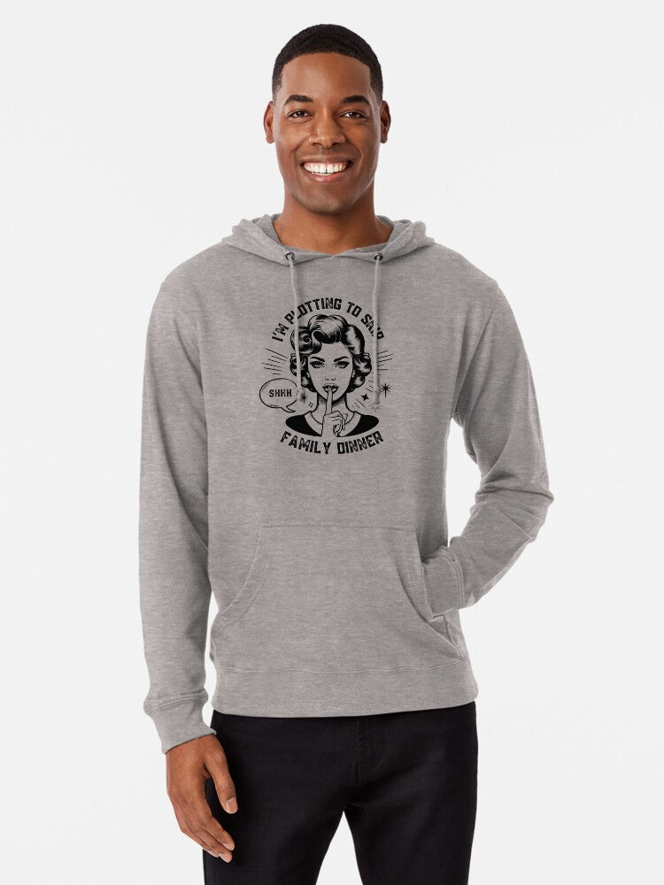 Copy of "I'm Plotting to Skip Family Dinner" Funny Dry Humor Christmas Quote with Retro Woman Lightweight Hoodie