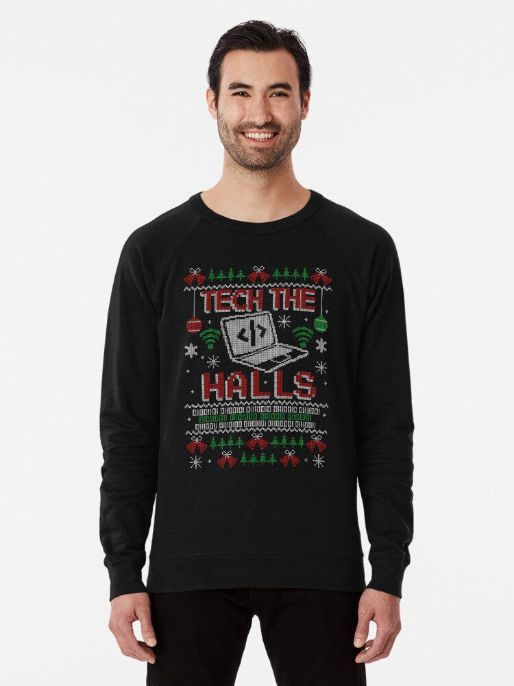Tech the Halls Funny Computer Ugly Christmas Sweater Jumper Knitted Lightweight Sweatshirt