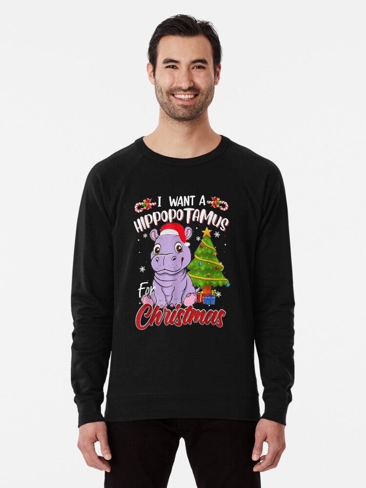 I Want A Hippopotamus For Christmas Funny Hippo Pajamas Xmas T-Shirt. Lightweight Sweatshirt