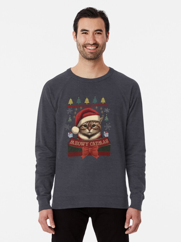 Funny Meowy Catmas Cat Christmas Tree Xmas Girls Boys Funny Santa Lightweight Sweatshirt