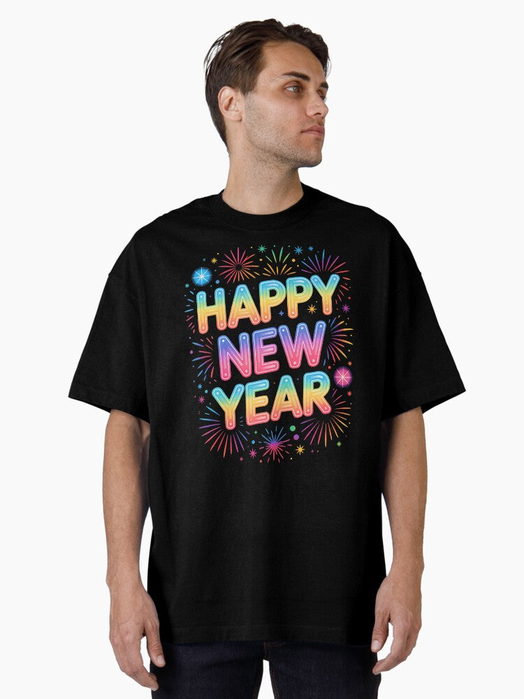 Happy New Year 2026 Party Ballons Fireworks And Confetti Oversized T-Shirt | Premium Unisex T-Shirt, Trending Graphic Tee