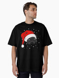 Cute black pug in christmas hat Oversized T-Shirt | Premium Unisex T-Shirt, Trending Graphic Tee