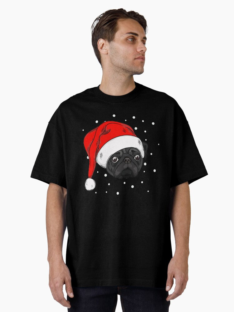 Cute black pug in christmas hat Oversized T-Shirt | Premium Unisex T-Shirt, Trending Graphic Tee