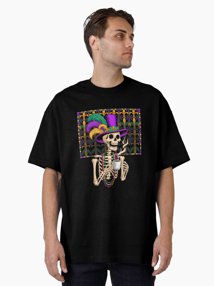 Mardi Gras Skeleton Drinking Coffee Mask Beads Oversized T Shirt T Shirt Premium Print