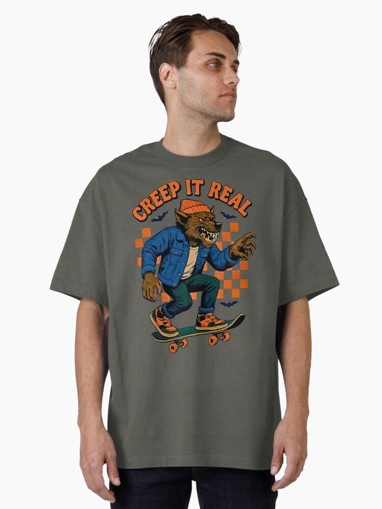 Creep It Real Werewolf Skateboarding Halloween Illustration Oversized T-Shirt | Graphic T-Shirt for Unisex