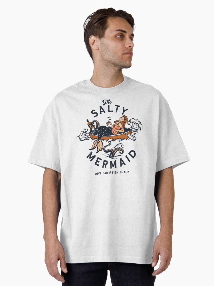 The Salty Mermaid Dive Bar Fish Shack Cool Retro Mermaid Travel Design Oversized T-Shirt | Graphic T-Shirt for Unisex